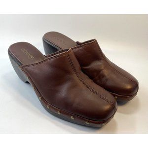 Vintage Connie Women Brown Leather Slip-On Mules Clogs Wedges Heels Size US 9